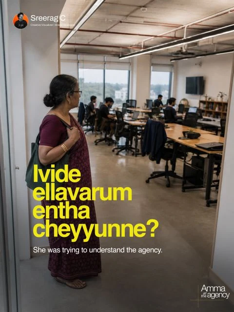 Amma visiting the agency office, from Sreerag's LinkedIn story