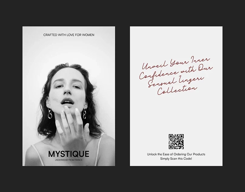 Mystique lingerie identity presented in a monochrome editorial layout